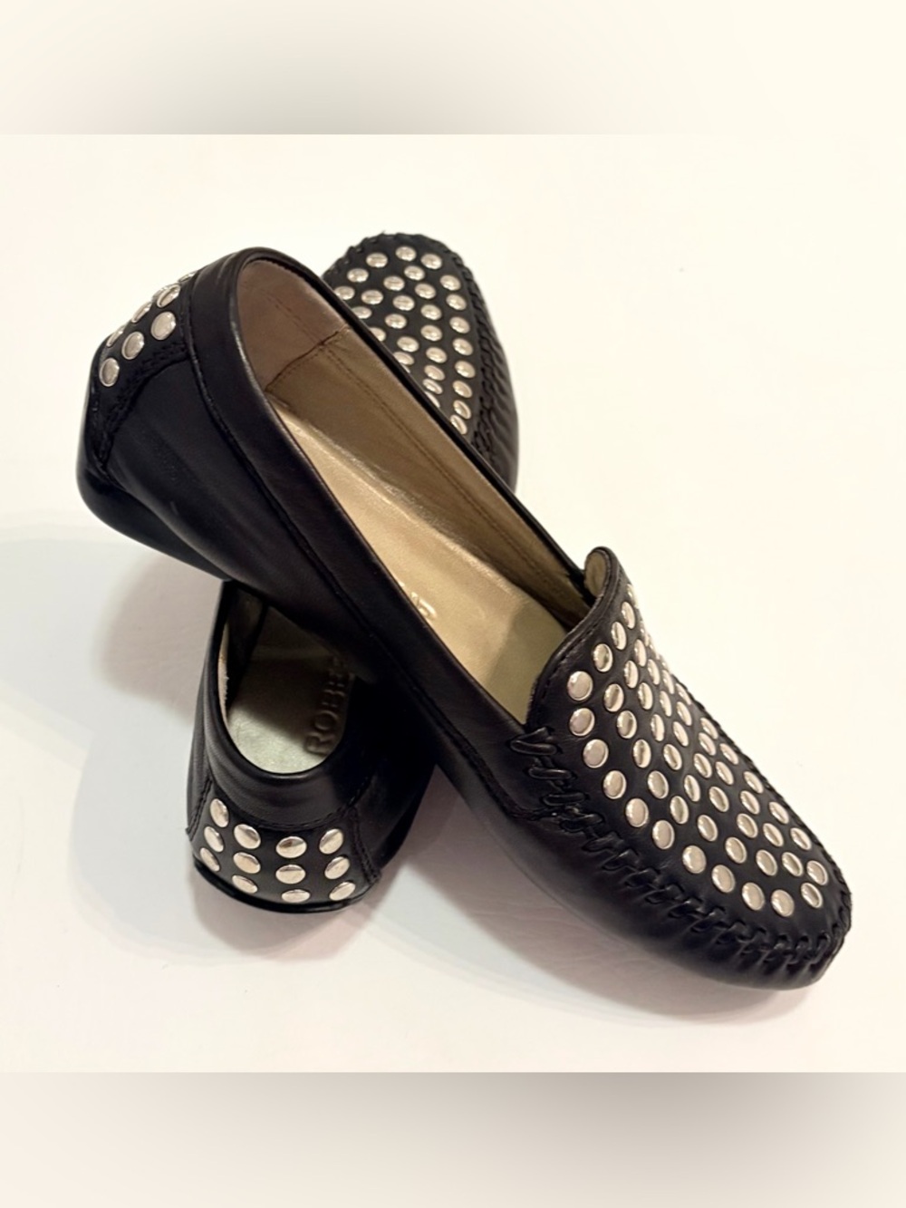 Robert Zur Women’s Shoes Starry Loafers Moccasins Black Leather’Studs size 7.5